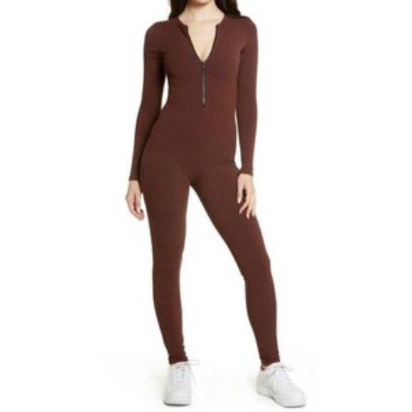 Naked Wardrobe Chocolate Brown Quarter Zip Long Sleeve Jumpsuit S - Picture 1 of 5